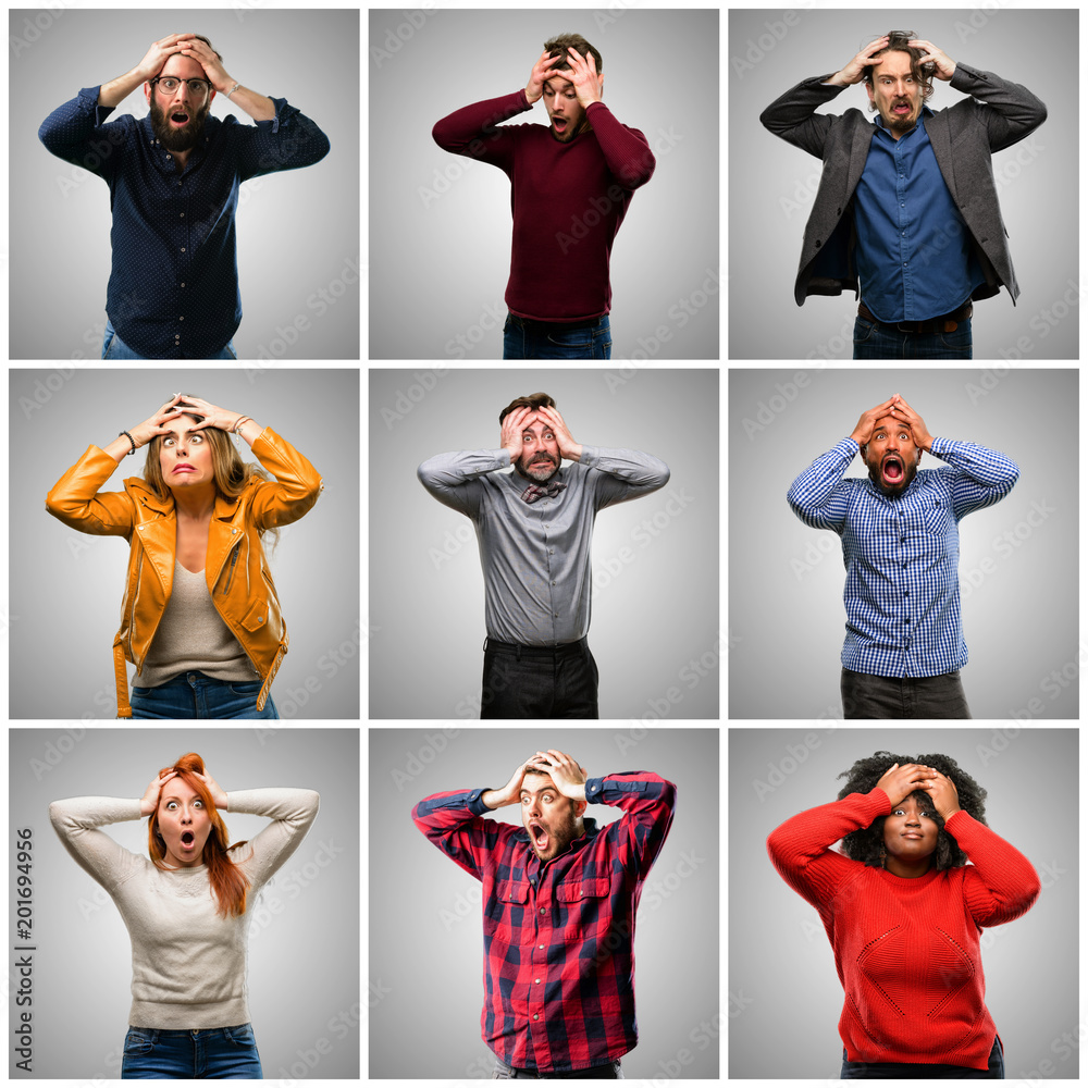 Canvas Prints Group of mixed people, women and men stressful keeping hands on head, terrified in panic, shouting