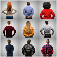 Group of mixed people, women and men backside, rear view