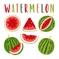 Watermelon illustration set with lettering, isolated on white background. Whole and sliced Watermelons. Vector clipart for your design.