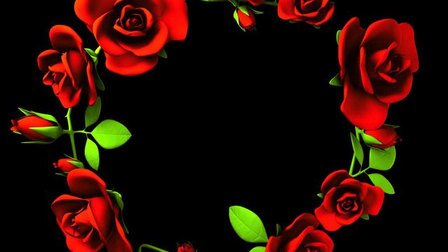 Red Roses Frame On Black Text Space.3DCG rendering animation that can loop.