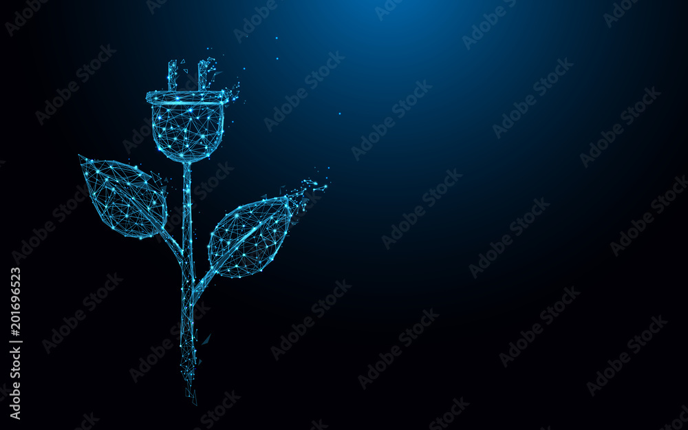 Poster ecology icon with electric plug and leaves form lines and triangles, point connecting network on blu