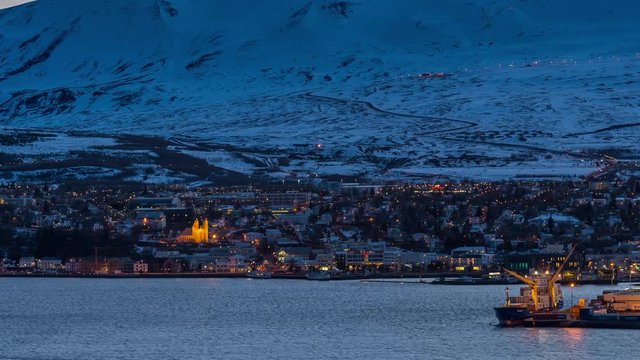 Timelapse of akureyri city in iceland during sunset
