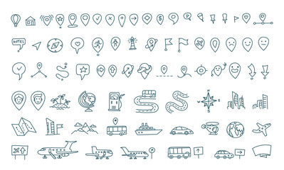 Hand draw map set elements. Transport tracking. Travel geography road icons sketch set outline line drawing. Collection set vector stock clipart illustration.
