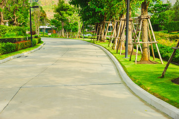 Obraz premium The concrete road in the village side has green trees and lawns.