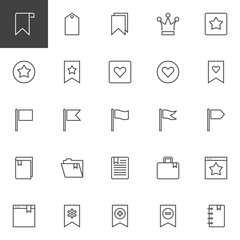 Fototapeta na wymiar Bookmarks and tags outline icons set. linear style symbols collection, line signs pack. vector graphics. Set includes icons as Bookmark, Tag, Crown, Star, Heart, Flag, Folder, Book, Document Browser