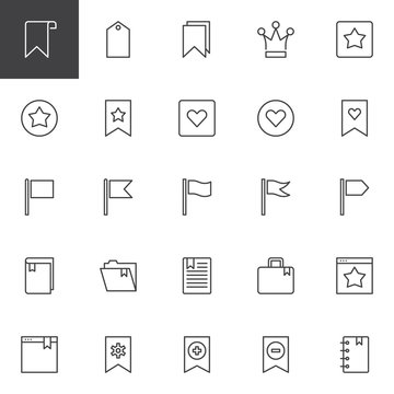 Bookmarks and tags outline icons set. linear style symbols collection, line signs pack. vector graphics. Set includes icons as Bookmark, Tag, Crown, Star, Heart, Flag, Folder, Book, Document Browser