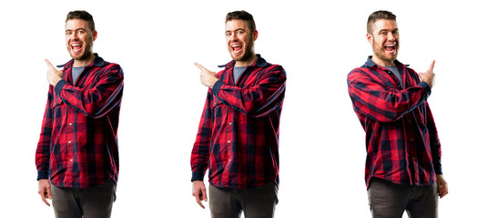 Young man pointing away side with finger isolated over white background, collage composition