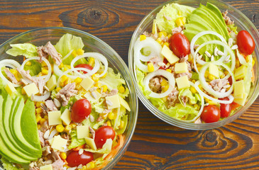 Mixed various vegetables and Tuna Salad in glass bowl