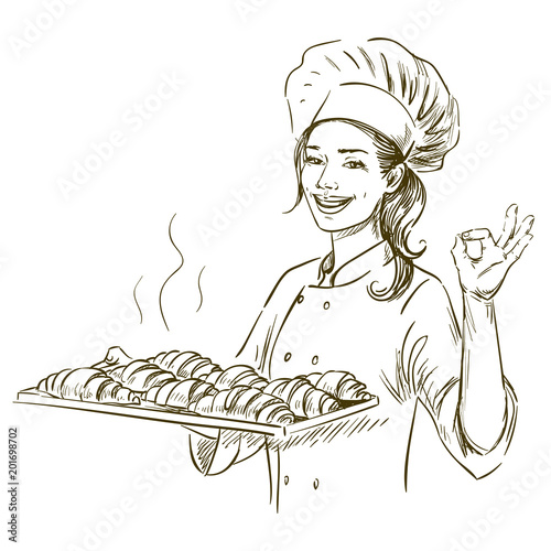 "Baker woman holding plate with croissants. Hand drawn vector