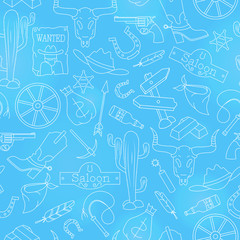 Seamless pattern on the theme of the wild West, contour icons, white contour on  a blue background