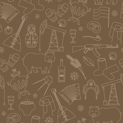 Seamless pattern on the theme of travel in the country of Russia, a simple outline of cartoon icons with a typical country characters,beige outline on a brown background