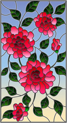 Naklejki  Ilustracja w stylu witrażu z kwiatami, pąkami i liśćmi różowych róż na niebieskim tle