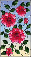 Tuinposter Illustration in stained glass style with flowers, buds and leaves of  pink roses on a blue background  © Zagory