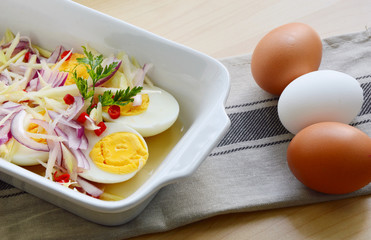 Boiled egg with Mango salad Thai style.
Thai food Egg Menu