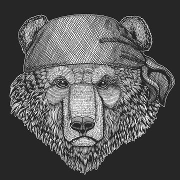 Brown bear Russian bear Cool pirate, seaman, seawolf, sailor, biker animal for tattoo, t-shirt, emblem, badge, logo, patch. Motorcycle bandana