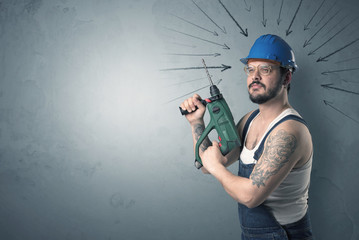 Working man with tools in his hand and arrows above his head.