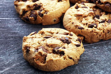 Chocolate cookies on rustic table. Chocolate chip cookies