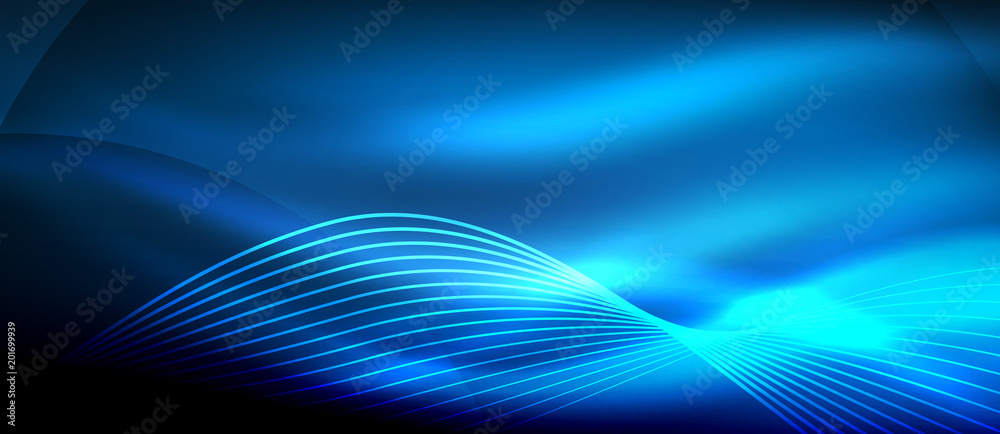 Aufkleber glowing blue abstract wave on dark, shiny motion, magic space light. techno abstract background