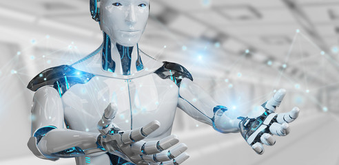 White man robot using digital network connection 3D rendering