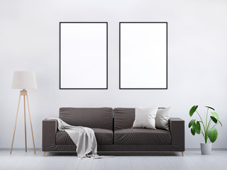 Modern vintage living room. Brown leather sofa on a grey wooden floor and light wall, 3D render