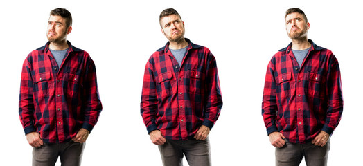 Young man doubt expression, confuse and wonder concept, uncertain future isolated over white background, collage composition