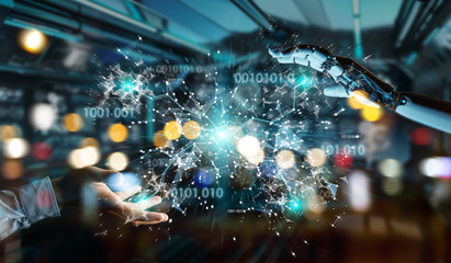 White humanoid hand using digital globe hud interface 3D rendering