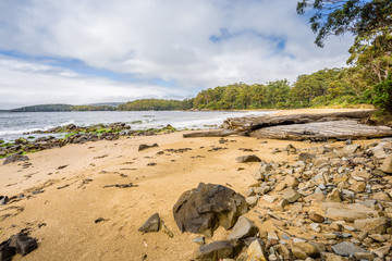 Amazing view to great paradise island sandy beach with turquoise blue water and green shore jungle forest on warm sunny clear sky relaxing day, South Cape Track, Recherche Bay, Tasmania, Australia