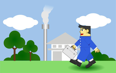 Man square style use company uniform and bag walking to work every day with nature tree and company Petrochemical.