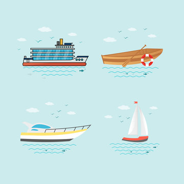 Collection of nautical vehicles: sail boat, ship, vessel, luxury yacht, speedboat