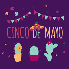 Banner or card for Cinco de Mayo celebration. Holiday poster with hand drawn calligraphy lettering,
