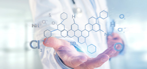 Doctor holding a 3d rendering molecule structure isolated on a background