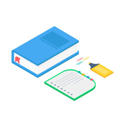 Isometric 3d school supplies set with  book, notebook, pen, highlighter.