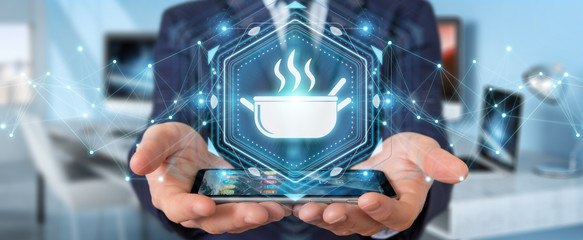 Businessman using application to order home made food online 3D rendering