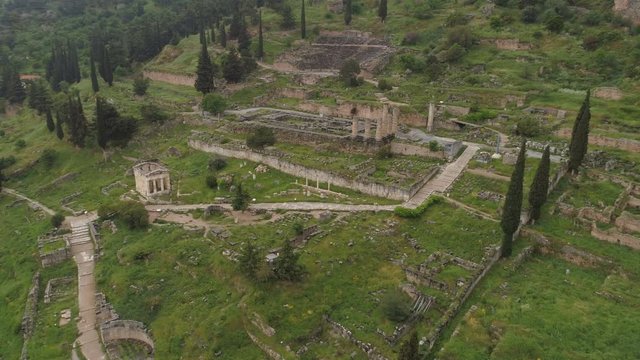 Aerial view of archaeological site of ancient Delphi, site of temple of Apollo and the Oracle, Greece