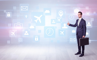 Businessman departs to a business trip with social media and travel symbol concept
