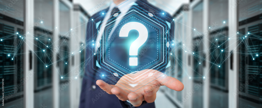 Leinwandbilder Businessman using question marks digital interface 3D rendering