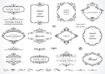 Set of flourish frames, borders, labels. Collection of original design elements. Vector calligraphy swirls, swashes, ornate motifs and scrolls. 