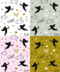 Seamless romantic pattern with cupids. Love symbols, signs, icons. Valentine's day or wedding background.