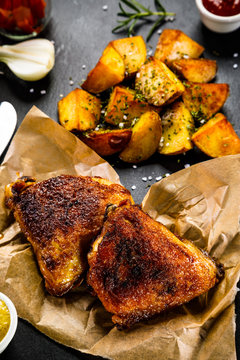 Roasted chicken legs with French fries and vegetables