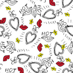 Heart lips flowers hand drawn pattern on white background . Vector illustration. - 201705371