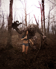 3d illustration of woman is running away from a monster from derelict forest,every forest have story to tell,Scary background mixed media for book cover,book illustration © Joe Therasakdhi