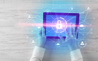 Hand touching online network security  button and cloud, connection and contact concept
