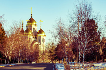 Landscape with golden domes of the church Orthodox church.