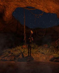 3d illustration of the girl with torchlight discover a derelict cave,3d fantasy art for book cover,book illustration