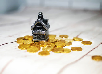 The house stands on a pile of coins, the concept of cash savings, loans.