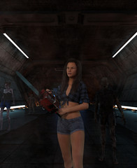 3d illustration of  woman with chainsaw fight with an undead in scifi corridor,3d art for book cover,book illustration