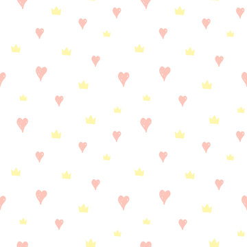 Hand drawn seamless pattern with doodle crowns. Cute baby and little princess design. Vector illustration.