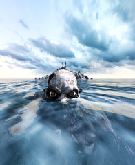 on the reef is the only place to survive,3d illustration of  a person on the reef in the sea far a way with monster in water,3d art for book cover,book illustration © Joe Therasakdhi