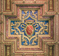 SPQR shield in the ceiling of the Basilica of Santa Maria in Ara Coeli, in Rome, Italy.