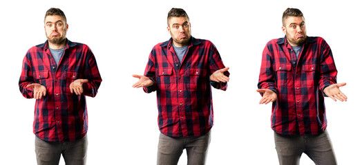 Young man doubt expression, confuse and wonder concept, uncertain future isolated over white...